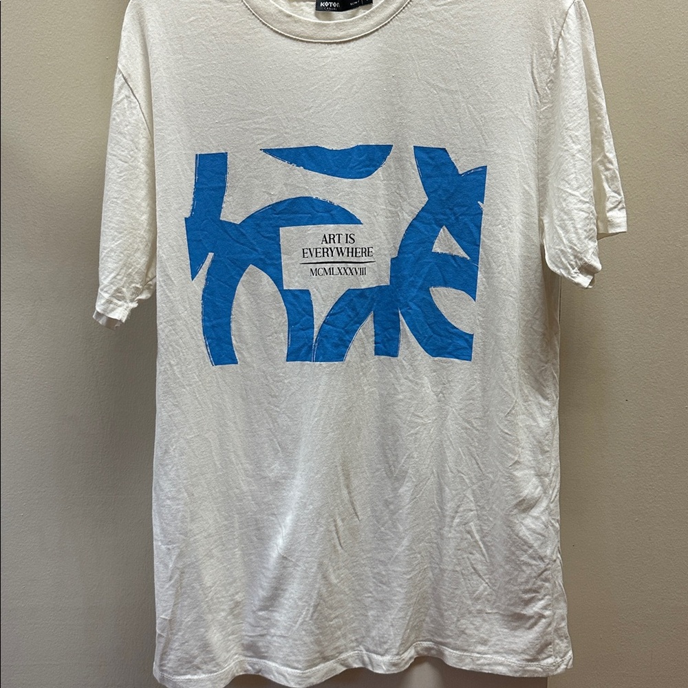 White T-Shirt with Blue Graphic Print large